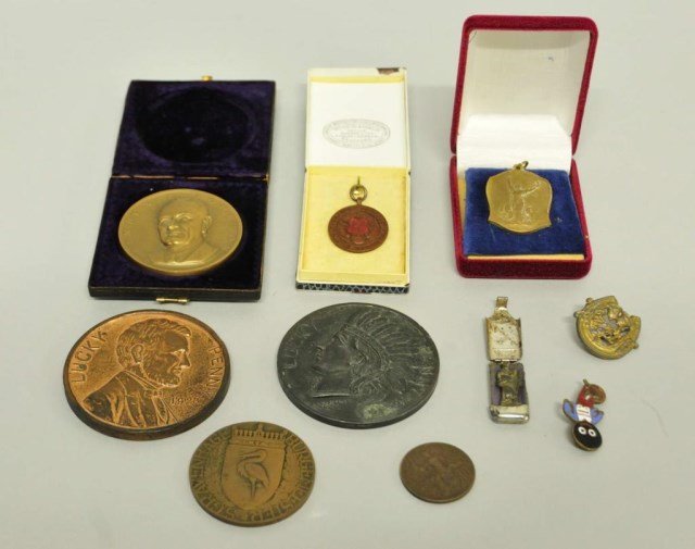 Medals, Pins, Etc.--Menconi, Brenner, Fattorini: Ten items: 1. Cased bronze medal by Ralph J. Menconi, obverse with bust of Lyndon B. Johnson, reverse with inscription "Anti-Defamation League of B'Nai B'rith / ADL / Dinner / With The / President / F