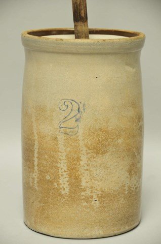 Two-Gallon Stoneware Churn: Marked with "2" in blue, Albany slip interior; 12 1/4"H, staining and craquelure to glaze, chip to rim, chip to lid