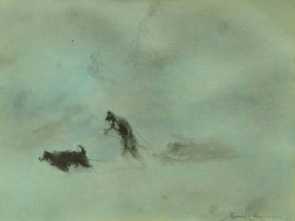 Sydney Mortimer Laurence (Am., 1865-1940): Alaskan winter scene depicting a lone dog and figure pulling a sled through snowstorm, signed lower right "Sydney Laurence", paper backing on frame with notation "Bought on Alaskan trip / 1939", water