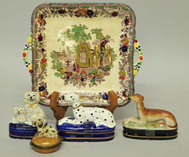 4 Staffordshire Style Boxes & Mason's Plate: 1. Four Staffordshire style figural dog boxes, three largest by Fitz and Floyd, smallest unmarked, 2 3/4"W to 5"W, 2 1/4"H to 4 1/4"H; all in good condition; 2. Mason's ironstone square cake plate wit