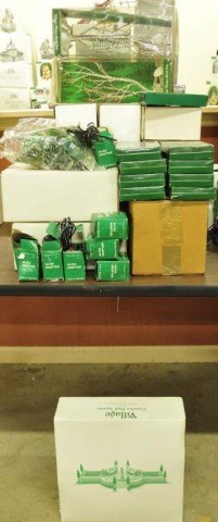 Assorted Dept. 56 Village Accessories: Including: Village Pole Pine Forest, two boxes of Evergreen Trees, box of Wintergreen Pines, box of Double Pine Trees, two Pencil Pines, eleven small Porcelain Pines, five Winter Birch Trees, assortme