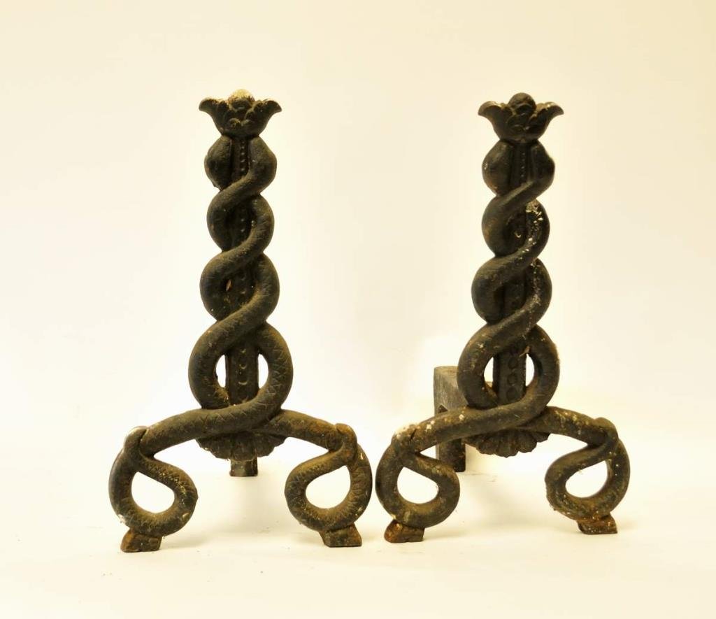 Pr. Cast Iron Snake Andirons: Pair of cast iron andirons formed as double entwined snakes, late 19th century, marked "Lithgow Mfg. Co." (Louisville, Kentucky); 9 1/2"W, 15"L, 16 1/2"H