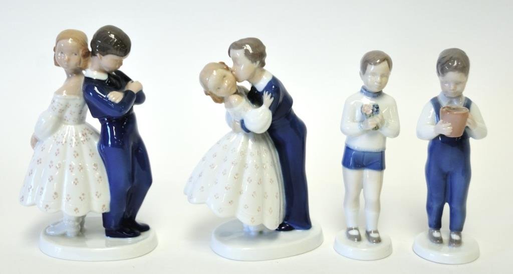 4 Bing & Grondahl Porcelain Figures: #2162 "First Kiss, Youthful Boldness", 7 1/2"; #2372 "Pardon Me", 7 1/2"; #2390 "Boy with Flowers", 7"; #2401 "Boy with Bucket of Porridge", 7"; all marked on bottoms; all in good condition--Private c