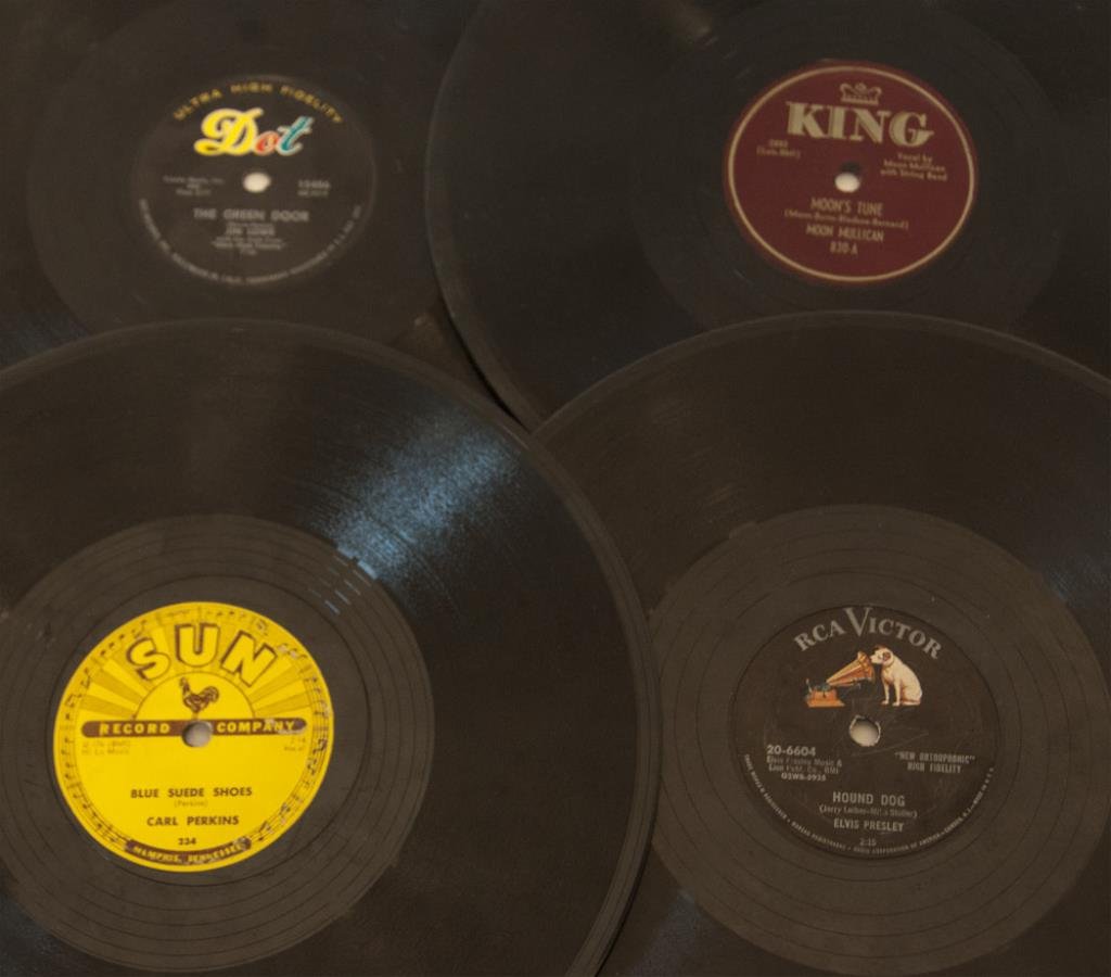 Elvis Presley, Carl Perkins, Other 78 Records: Four 78 records: "Hound Dog / Don't Be Cruel", Elvis Presley, RCA Victor, 6604; "Blue Suede Shoes / Honey, Don't!", Carl Perkins, Sun Record Company; "Moon's Tune / I'll Sail My Ship Alone", Moon Mull