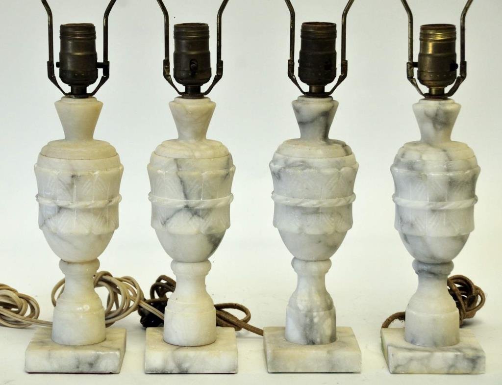 Set of 4 Alabaster Lamps: Set of four matching alabaster lamps, 12 1/2"H to top of socket, good condition with a few small chips commensurate with age and use, frayed wiring