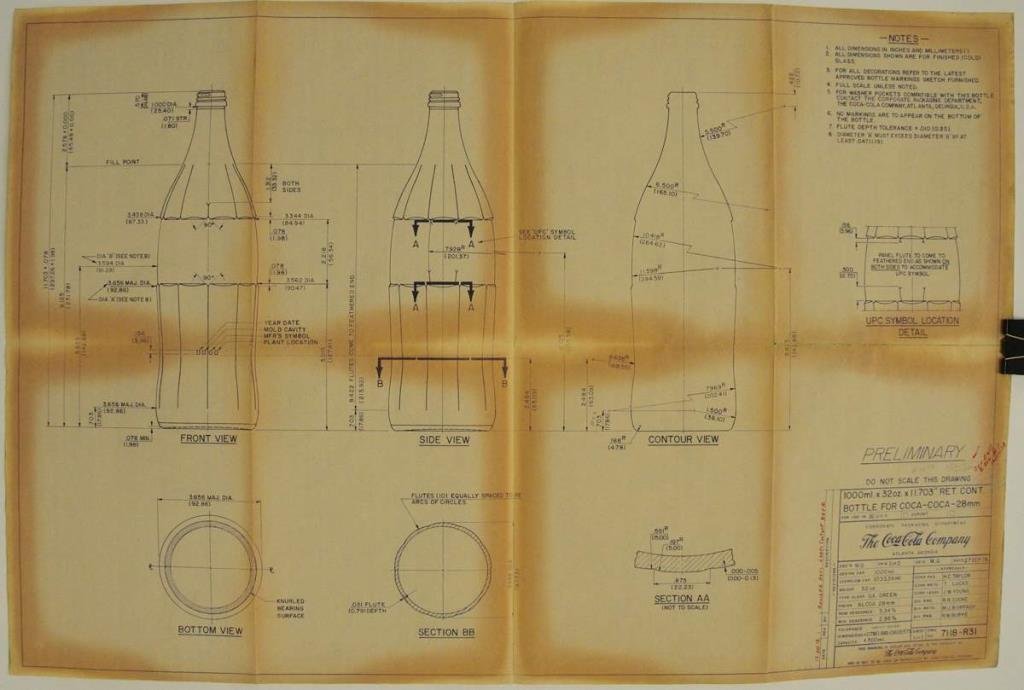 Coca-Cola Bottle Blueprint: The Coca-Cola Company, Corporate Packaging Department, preliminary blueprint dated September 27, 1978, with specifications for 32 oz. Coca-Cola bottle; shows front, side, contour and bottom views; han