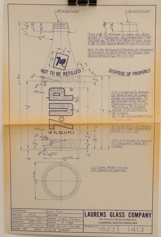 7-Up Soda Bottle Blueprint: Laurens Glass Company, Laurens, SC, blueprint with specifications for 16 oz. 7-Up soda bottle, dated Feb. 16, 1978; 11"W, 17"H; fold line, toning