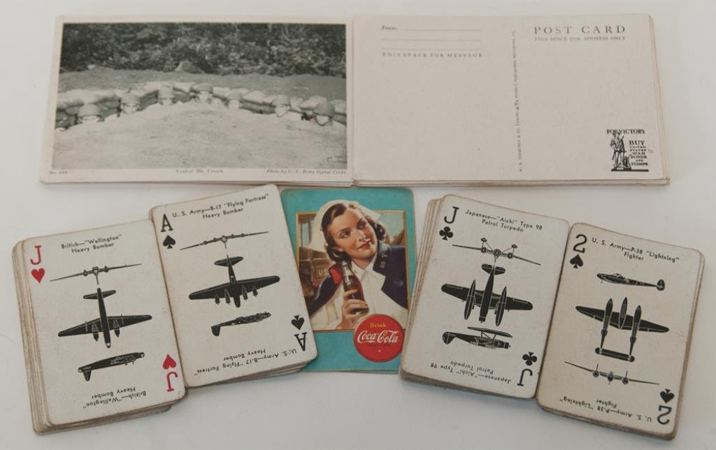 WWII Era Coca-Cola Cards & Post Cards: 1. Complete "Aircraft Spotter" deck of WWII era Coca-Cola playing cards, used to assist in learning the characteristics of United Nations and enemy aircraft; cards feature a U.S. nurse drinking Coca-C