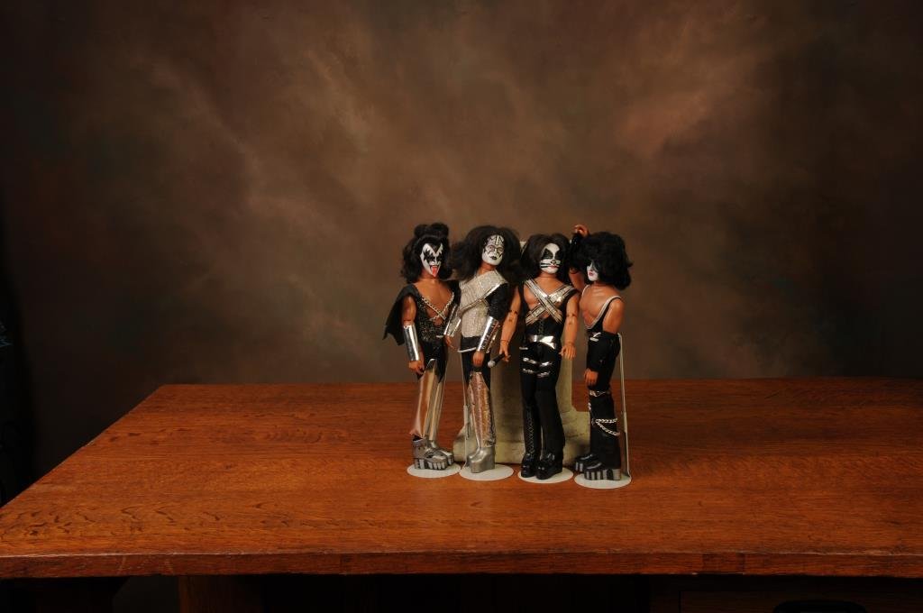 4 Mego KISS Character Dolls: c. 1977; Paul Stanley, Gene Simmons, Ace Frehley, Peter Criss; tallest 13"H--From the collection of Jimmy Draper, Spartanburg, SC