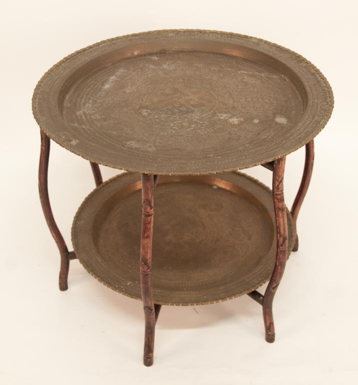 Chinese Folding Table w/ Brass Trays: Folding wood table with two brass engraved trays; 30" dia., 24 1/2"H