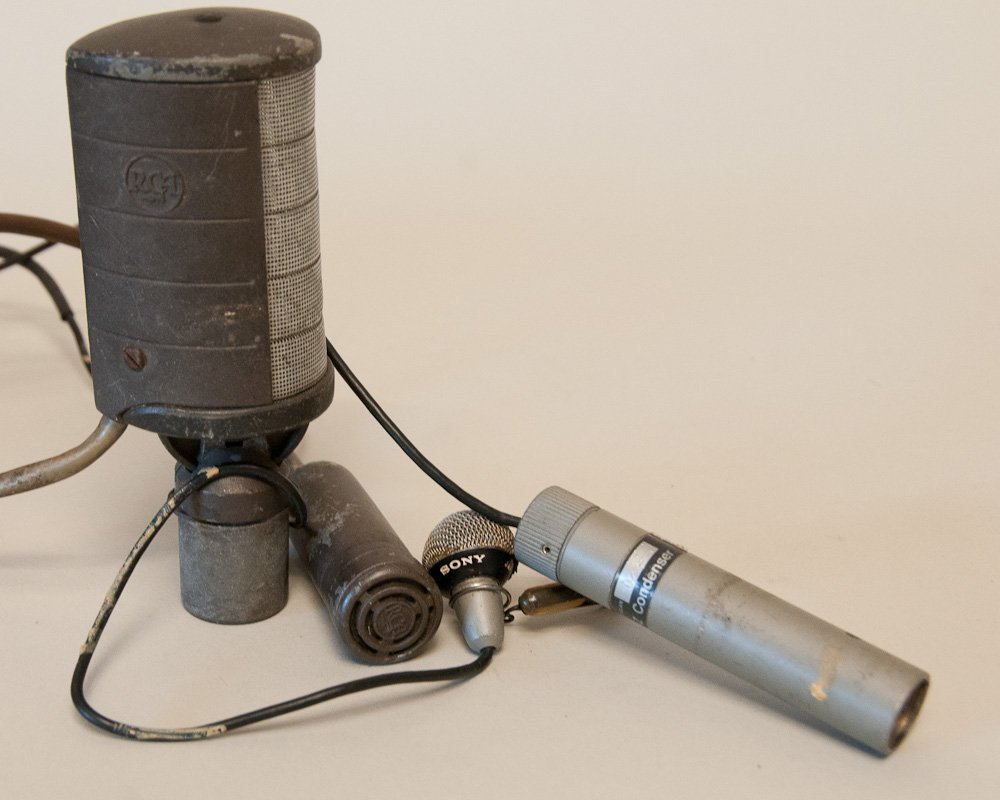 3 Microphones, 2 Elec. Meters, 1 Condenser: Two RCA microphones, one Sony AD38 microphone, one EV CO90 condenser, one Lafayette SWR field strength meter, one Realistic sound level meter; working condition of all items unknown
