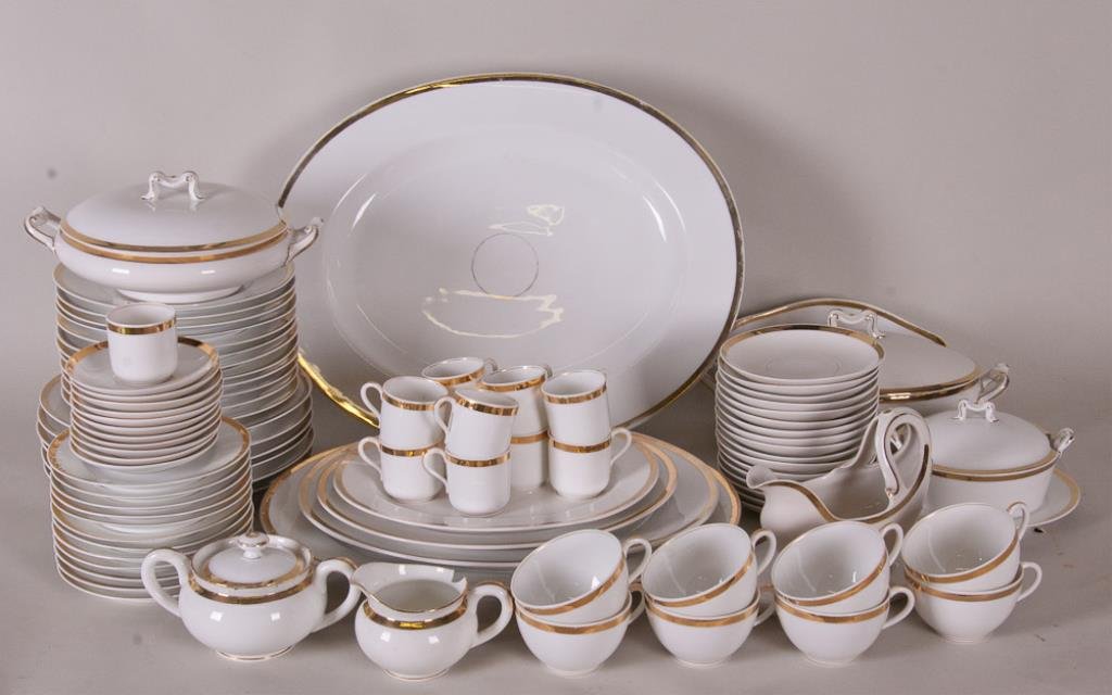 Delinieres / Bernardaud Limoges Porcelain: 94 pieces, Delinieres / Bernardaud Limoges partial dinner service, white with gilt banding, marks include "D &Co. / France" (Delinieres) in green and "L. Bernardaud & Co. / Limoges" in red; includes f