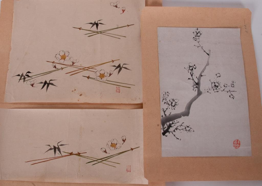 Four Chinese Paintings: 1st item: Two floral and bamboo paintings by same artist, color wash on rice paper, identical red seal to each; one 7"W, 14 3/4"H; other 11 3/4"W, 14 1/2"H; smaller with some staining to paper and sma