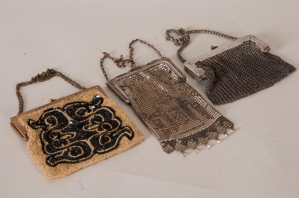 3 Vintage Mesh & Beaded Evening Bags: Grouping of three vintage evening bags--1st item: French evening bag, decorated both sides with a black sequined design against a gilt beaded background, gilt metal frame, interior with tag "Made in F