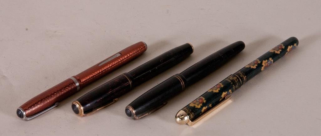 4 Vintage Fountain Pens: 1st item: Parker tortoise shell, nib marked "Parker U.S.A. 8", 4 3/4"L--2nd item: Black Parker, 5"L--3rd item: Esterbrook pearlized copper/brown with 2556 nib--4th item: Micro Fountain Pen Largo (Fine