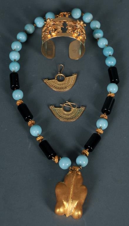 Luis Alberto Cano Jewelry: Lot of Luis Alberto Cano jewelry including: 1. Necklace with blue round beads and black cylinder beads alternating with vermeil spacers and having a 2 1/2"L vermeil frog pendant; 2. Pair of pierced ve