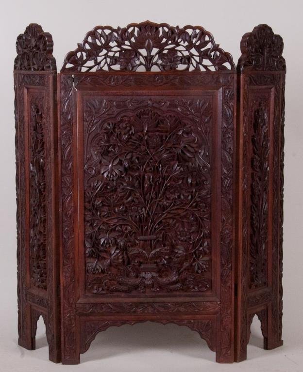 Indian Carved 3-Panel Firescreen: Intricately carved floral three-panel hardwood folding firescreen, pegged construction; label attached "Made by Ahmadullah, / Art Manufacturer, / Srinagar--Kashmir"; 42"W, 41 1/2"H; repair to one pane
