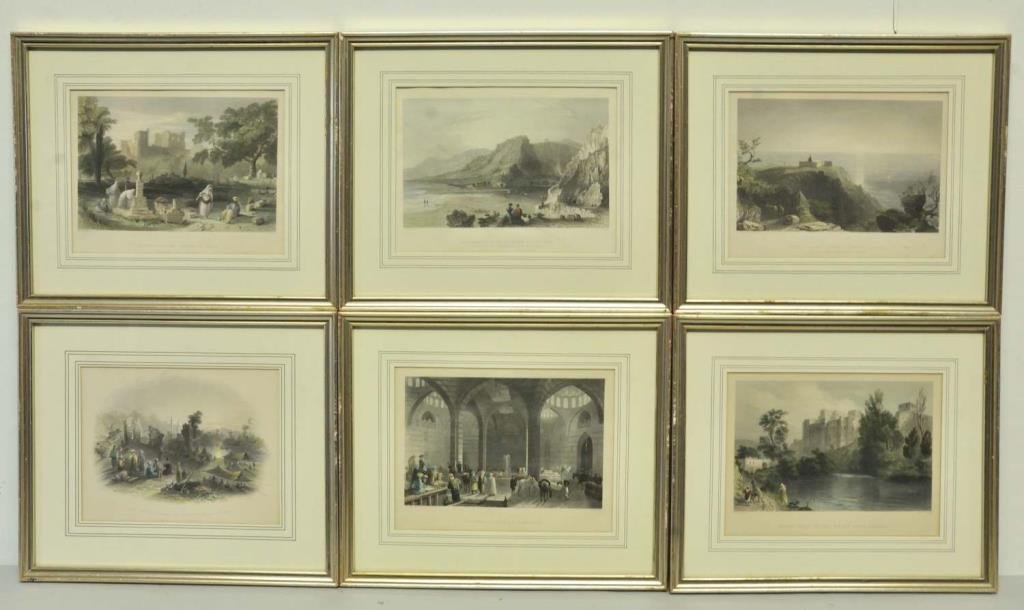 6 Bartlett Scenic Middle Eastern Engravings: Six 19th century hand-colored engravings of Middle Eastern scenes from drawings by William Henry Bartlett (British, 1809-1854); glazed, matted and framed en suite, 12 3/8"W, 10 1/2"H: 1. "The Nahr-El-