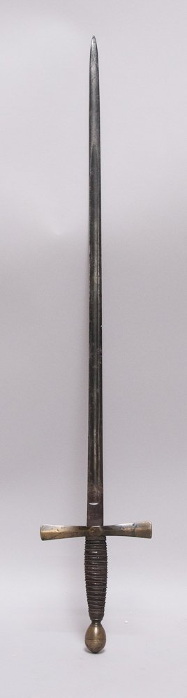 Sword w/ Cruciform Crossguard: Engravings on blade, leather wrapped grip with wire binding, single edged straight blade with fuller, large brass pommel; 29 1/4"L overall, blade 23 1/2"L; some corrosion to blade, some verdigris to c