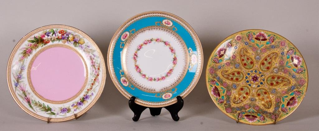 3 Royal Worcester Porcelain Plates: Three late 19th century hand painted Worcester porcelain plates, all with Royal Worcester standard printed factory mark and date letter--1st item: Gilt and beaded gilt banding and turquoise border hav