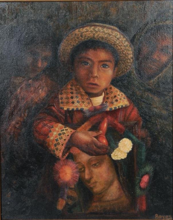 Signed "Reyes" Painting: Mexican oil on canvas depicting young boy holding a picture of Our Lady of Guadalupe and with faces of two other females in background, signed lower right "Reyes", contemporary painting and frame; sig