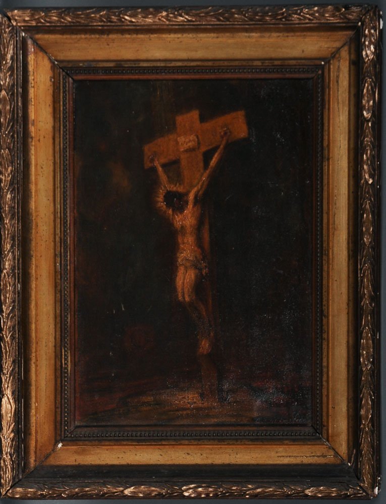 Crucifixion--Oil on Canvas: 19th century or earlier oil on canvas painting of the Crucifixion, Continental school, unsigned, gilt wood and composition frame with foliate and beaded decoration, sight 9 7/8"W, 14"H; frame 15 3/8"W
