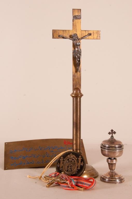 Lot (5) Assorted Religious Items: 1st item: Silverplate ciborium with gold washed interior, 4 1/4"H; 2nd item: Gorham brass altar crucifix on circular base; 14 1/4"H, 4 1/4"W; 3rd item: Brass crucifix pendant' 4"H, 2"W; 4th item: Arab