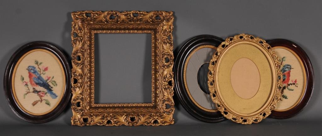 10 Picture Frames: Varying sizes and construction, some with vintage prints
