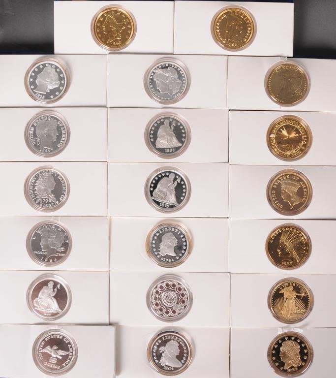 (20) 2 Oz. .999 Pure Silver Coins: Twenty "America's Rarest Coins" replica coins, each 2 oz. .999 pure silver, some electroplated with 24K gold, in individual sleeves and with wooden display case: 1794 Flowing Hair Dollar, Silver Conti