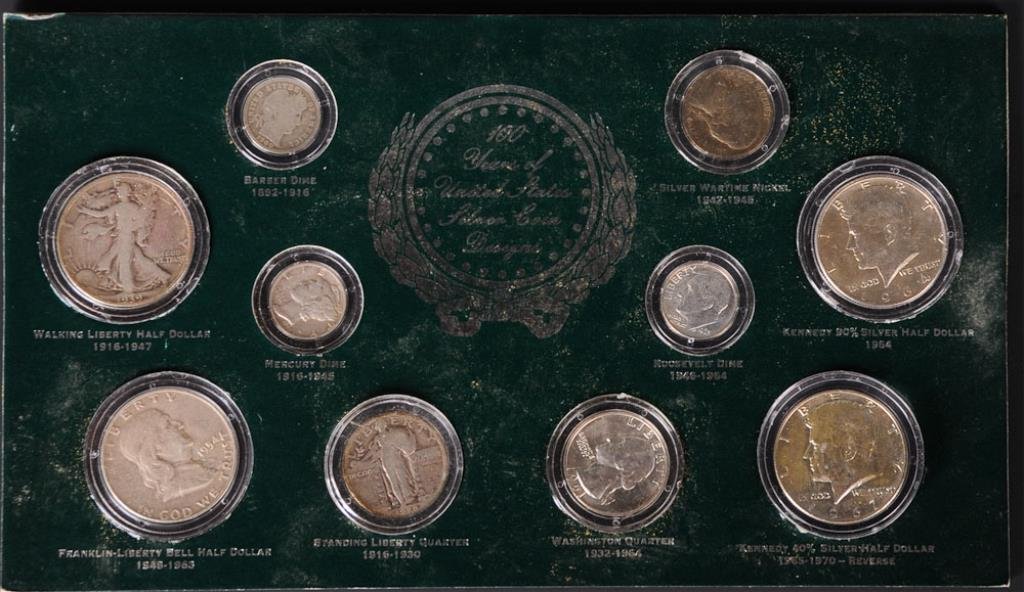 Boxed Set of 10 Silver Coins: 100 Years of United States Silver Coin Designs: 1939 Walking Liberty half dollar, 1954 Franklin-Liberty Bell half dollar, 1900 Barber dime, 1943 Mercury dime, 1928 Standing Liberty quarter, 1943 Silve