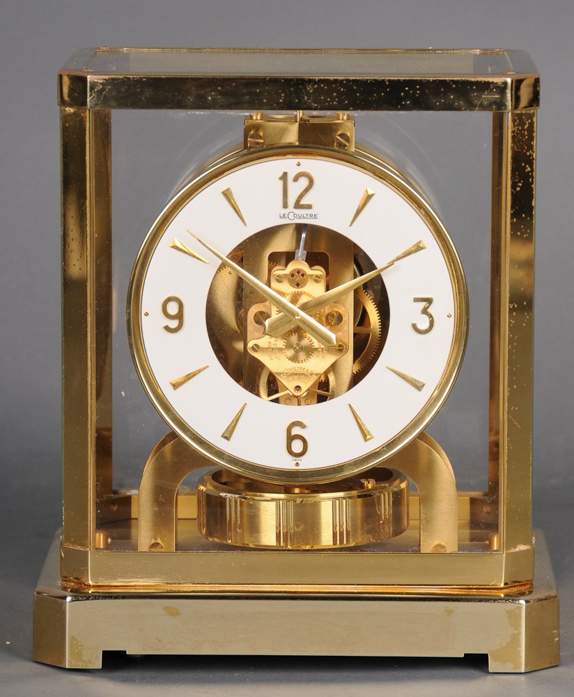 Jaeger Lecoultre Atmos Mantle Clock: Serial No. 205995, having a brass and glass case; 8 1/4" x 6 1/4", 9 1/2"H; light surface wear to case