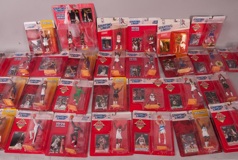 Basketball Starting Line-Up Figures: All in original boxes: '94 Alonzo Mourning, (2) Charles Barkley, Chris Mullin, David Robinson, Dennis Rodman, Derrick Coleman, (2) Larry Johnson, (2) Sean Elliott, Shaquille O'neal, Stacey Augemon, '9