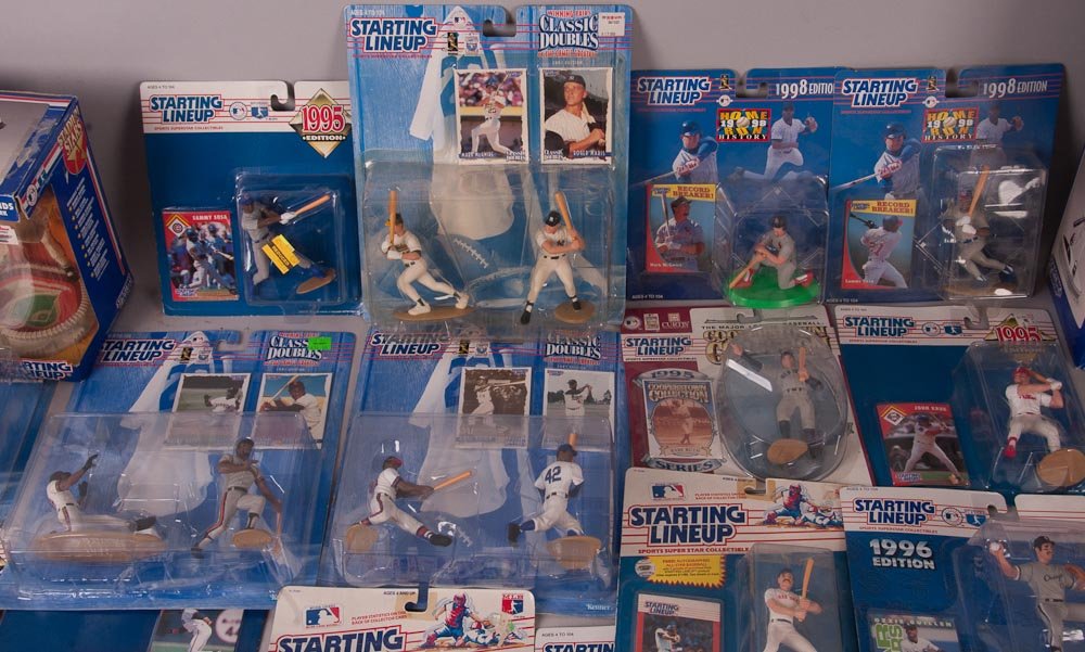 Baseball Starting Line-Up Figures: All in original boxes: Vaughn, Jimmy Key, Jose Rijo, Kevin Appier, (2) Lenny Dykstra, Orlando Merced, Randy Johnson, Tommy Greene, Tony Phillips,'95 Al Martin, Moises Alou, Andy Van Slyke, Babe Ruth,