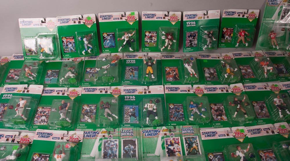 Football Starting Line-Up Figures: All in original boxes: '95 (2) Barry Sanders, Chris Zorich, Dan Wilkinson, Deion Sanders, Emmit Smith, Greg Lloyd, Hardy Nickerson, Irving Fryar, Jerome Bettis, Jim Everett, Johnny Johnson, Marshall F