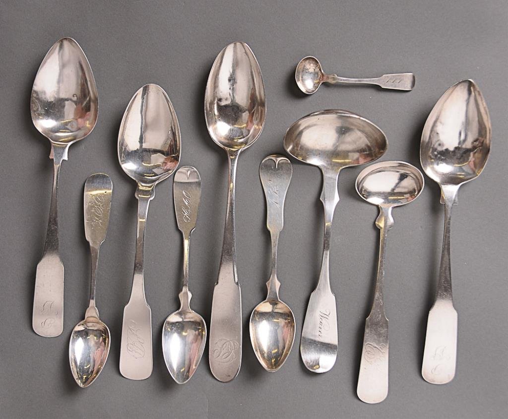 10 Pcs. Coin Silver Flatware Two serving spoons marked: Two serving spoons marked "IWG" (John W. Gethen, Philadelphia, active 1811-1818), monogrammed-- Virginia serving spoon, marks for Williams & Victor (John Williams & John Victor, Lynchburg, VA, partner
