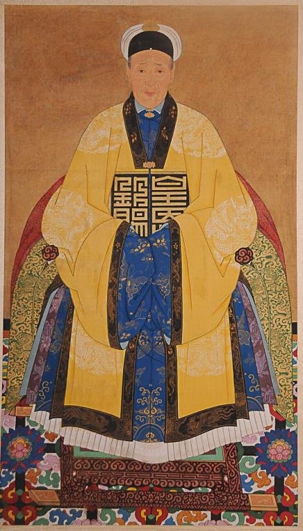 Chinese Ancestral Portrait Scroll Hand painted: Hand painted portrait, elaborate vivid yellow and blue robe with dragons and butterflies, gilt highlights, mosaic floor pattern; overall 39"W, 77 1/2"L; two small holes to top border well outside port