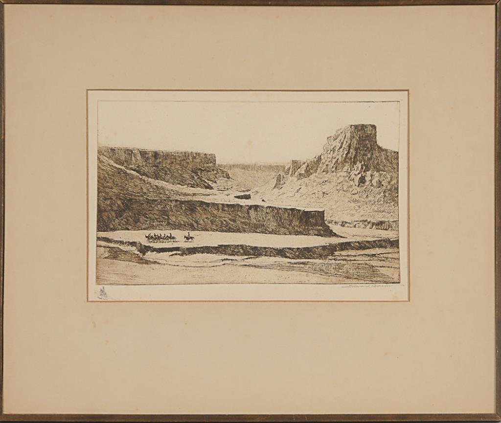 Edward Borein Etching (California, 1872-1945), The Edge: (California, 1872-1945), The Edge of the Rim Rocks, signed in pencil lower right "Edward Borein", with cowboy on horseback remarque in pencil lower left, matted and under glass in wood frame; sight wi