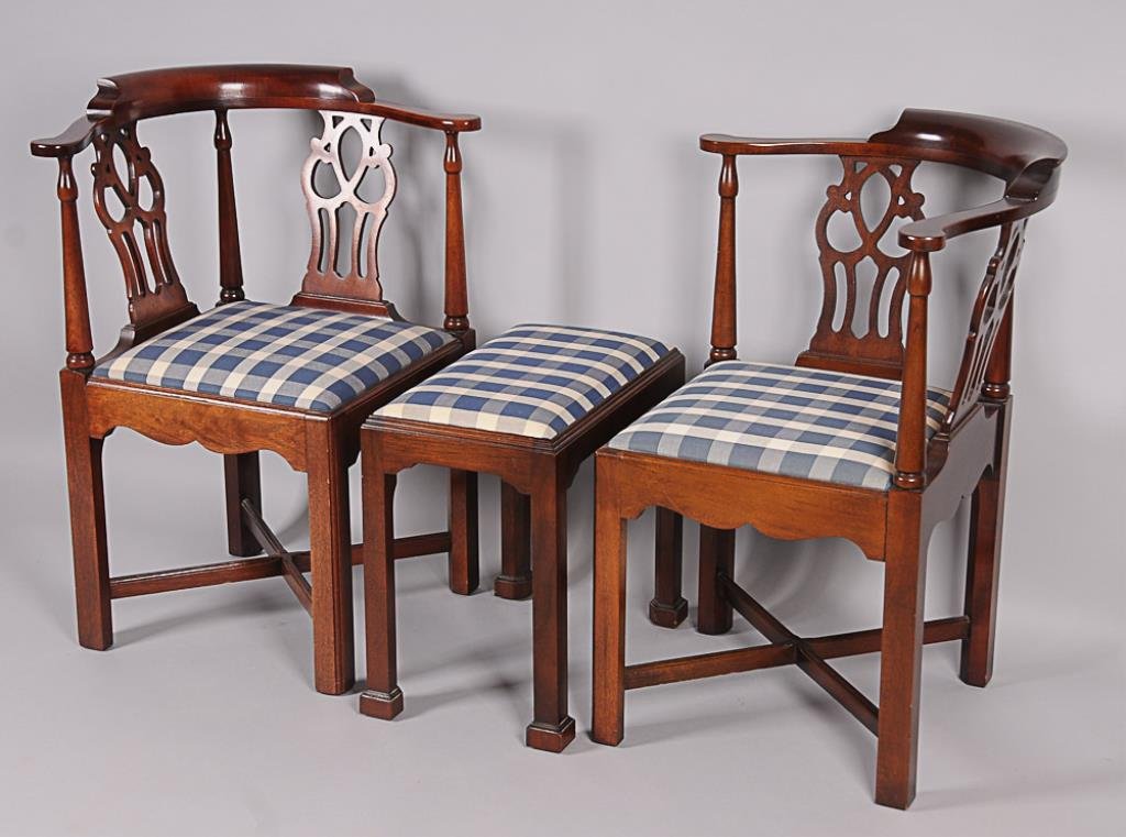Pr. Chippendale Style Corner Chairs, Bench Lot contains: Lot contains pair of corner chairs and bench: Chairs with two pierced splats and shaped arms, square legs with cross stretchers, 20th century, blue and white plaid upholstery; 27"W, 26"D, 33 3/4"H--Sm