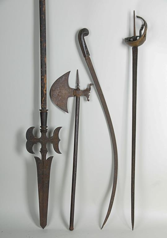 Four Weapons 1st item: Partizan, one side marked with a: 1st item: Partizan, one side marked with a crown above crossed hammers over "FLE", other side marked with "651" over "TZLI (?)"--2nd item: Pole axe, hollow metal handle; 30 1/2"L, 8"W--3rd item: Tulwa