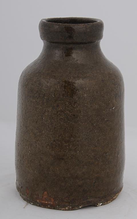 Southern Stoneware Apothecary Bottle Alkaline glaze,: Alkaline glaze, unusual form, possibly Edgefield; found in Augusta, Georgia; 7 3/4"H; partially repaired large chip at rim