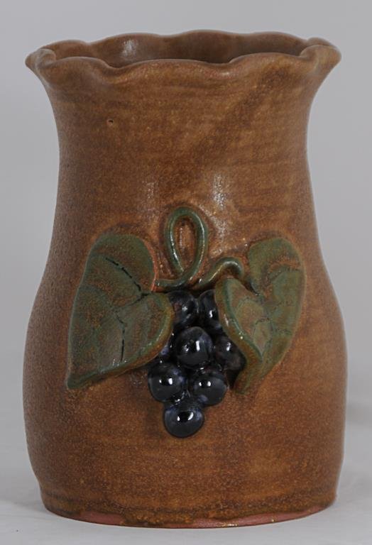 Annette Meaders Vase Alkaline glazed stoneware vase: Alkaline glazed stoneware vase with applied grape decoration and scalloped rim, signed on bottom "Annette Meaders MCB 5/03", 6 1/2"H; good condition