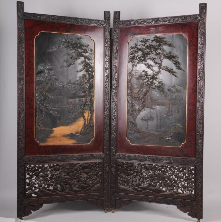 Chinese Carved & Painted 2-Panel Screen Interior panels: Interior panels with painted landscapes having pavilions and pagodas, figures walking and in boats, pine trees with applied painted texture to trunks and branches; interior paintings bordered and exte