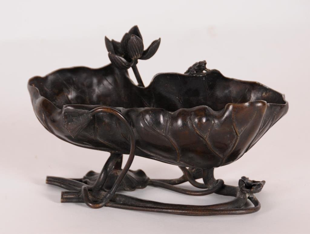 Chinese Bronze Bowl Shaped as water lily leaf: Shaped as water lily leaf interspersed with buds and an open water lily, small frog sitting on edge, unmarked; 8"W, 4"D, 5"H
