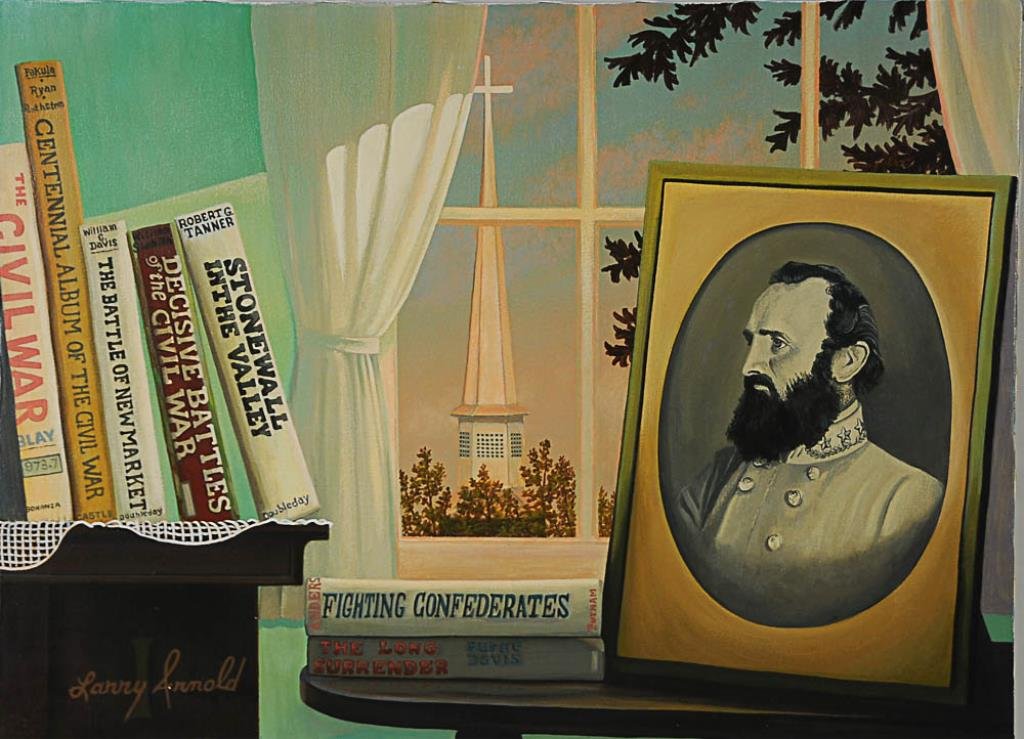 Southern Oil on Canvas Depicting view of church steeple: Depicting view of church steeple in window, framed on one side by portrait of Stonewall Jackson and on other side by row of books relating to the Civil War, signed lower left "Larry Arnold", 20th/21st