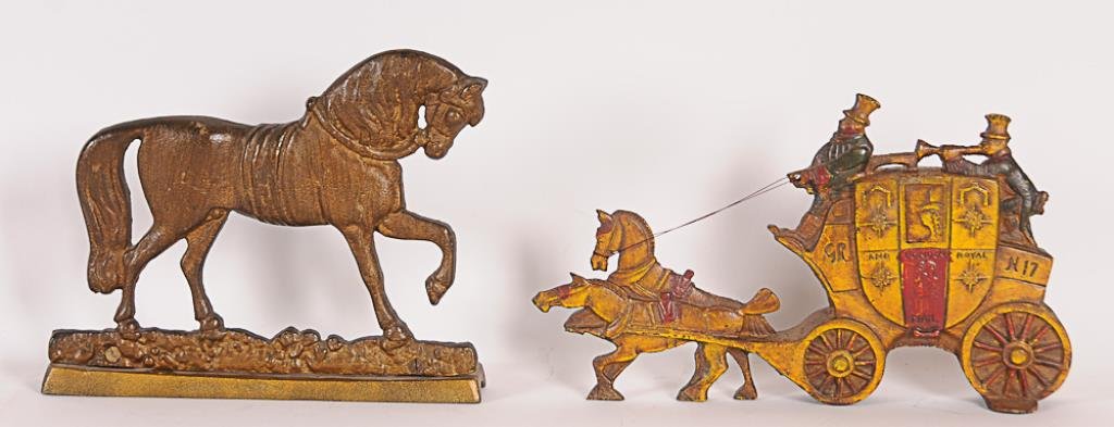 2 Cast Iron Doorstops Double sided London Royal Mail: Double sided London Royal Mail cast iron doorstop with polychrome paint, marked "PAT. PENDING" on rear wheel, string reins, 12 1/4"L, 7 1/2"H--Painted cast iron trotting horse doorstop, 10"W, 8 1/4"H
