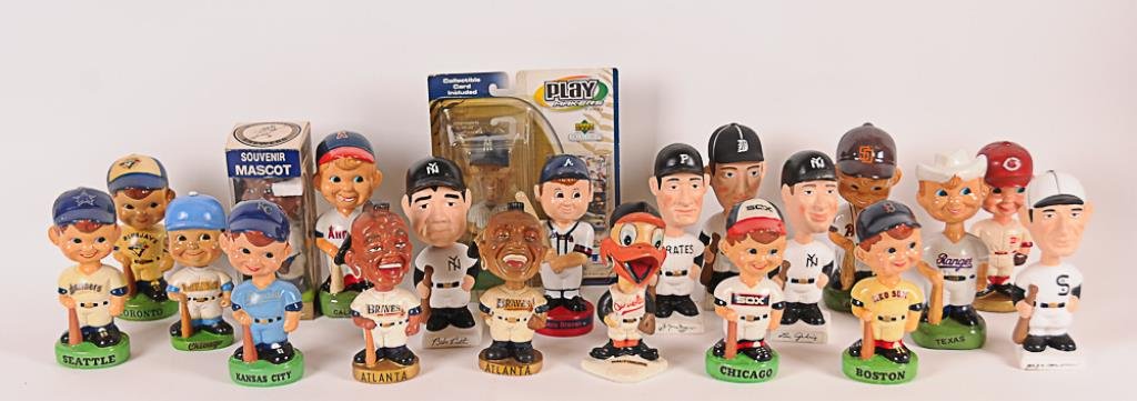 24 Bobbleheads or Nodders--Baseball Assortment of: Assortment of baseball bobbleheads or nodders; papier mache, ceramic, plastic, composite; various manufacturers including Japanese, Milwaukee Brewer Promotions, Upper Deck, Nodders Inc., Twins Ent., S