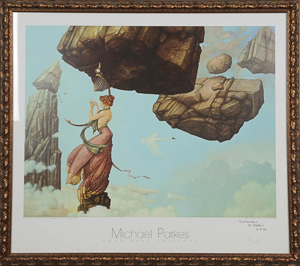 Michael Parkes, (Am., b. 1944) Signed "Maria" framed: Signed "Maria" framed poster, offset lithograph, signed lower right "Best Wishes, / M. Parkes / 10.3.04", under glass in contemporary carved wood frame; 34 1/4"W, 30 1/2"H