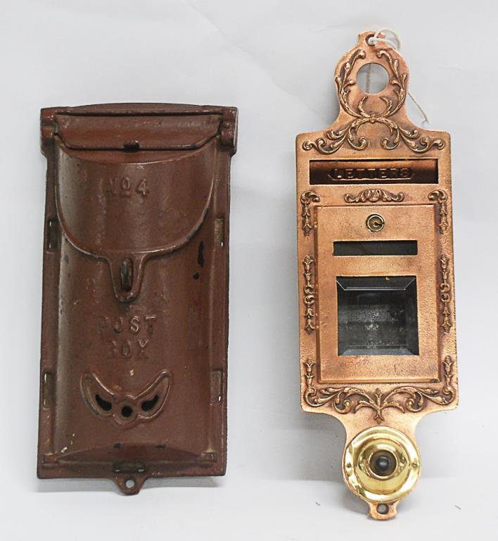 2 Vintage Mailboxes Griswold No. 4 painted cast iron: Griswold No. 4 painted cast iron "Post Box", 12 1/4"H, 6 1/4"W, 2"D--Mailbox with doorbell fixture, embossed metal front with mail slots, beveled glass door and lock, tin back receptacle, with key, 14