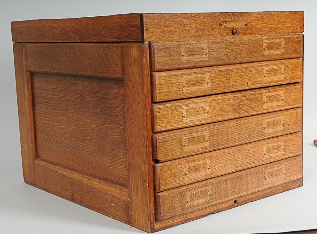 Oak Spool Cabinet Six-drawer oak spool cabinet, paneled: Six-drawer oak spool cabinet, paneled sides; 16"W, 19"D, 14 1/4"H; hardware missing, small veneer losses to top