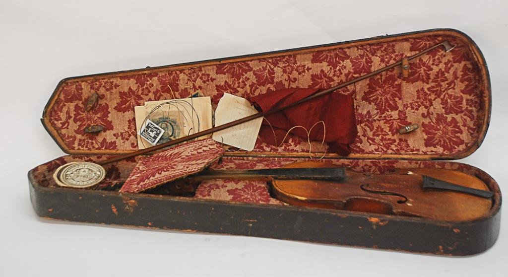 Hand Made Wood Violin & Bow In original case, bow with: In original case, bow with mother of pearl insets, other miscellaneous parts included; violin missing keys and with crack to back, as is condition